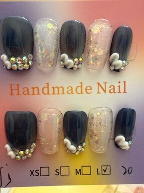 Handmade Gray & Pink Glitter handmade water Nail Set with Rhinestones
